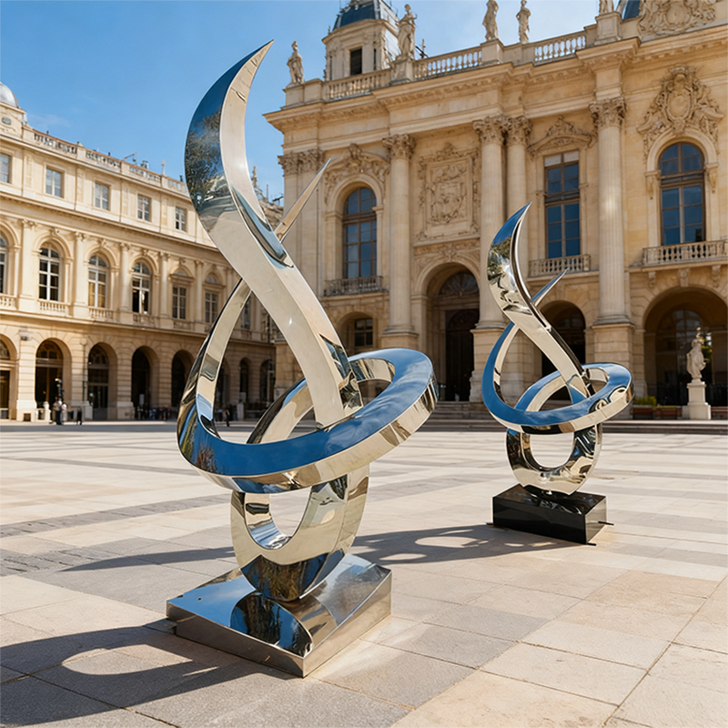 Blå og sølv strømlinjeformet metallskulptur
