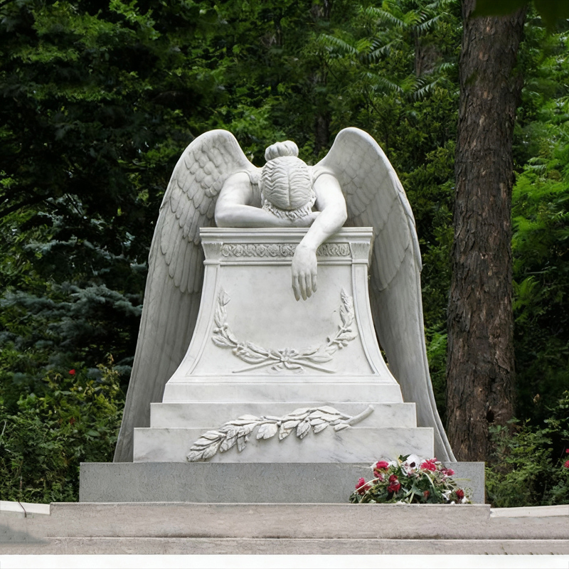 Gravstein i marmor med bøyd hode