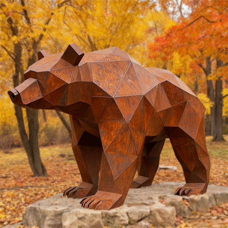Weathering Steel Faceted Geometric Bear Animal Sculpture