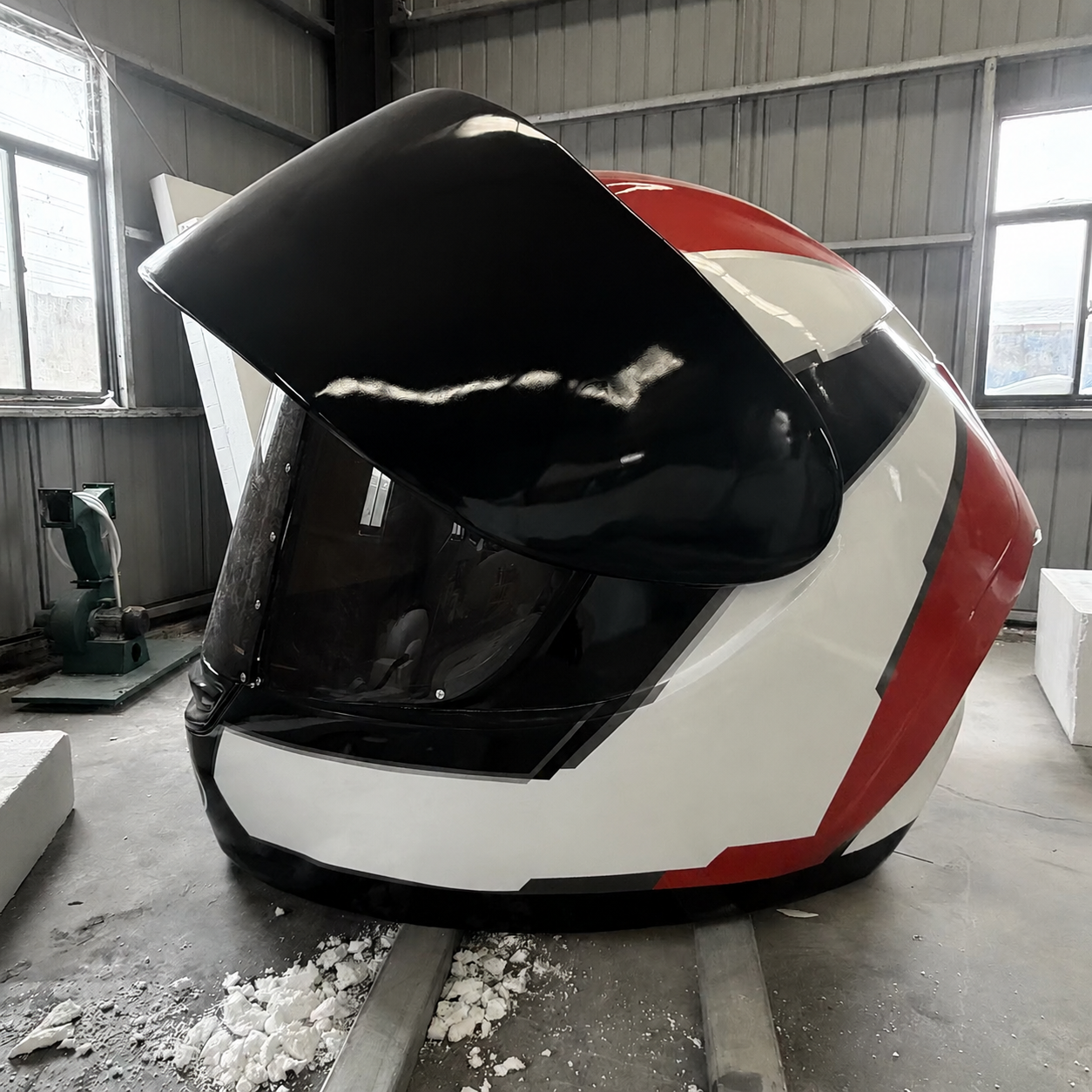 Hvordan lages en gigantisk harpiks-motorsykkelhjelmskulptur - og hvem lager dem i stor skala?